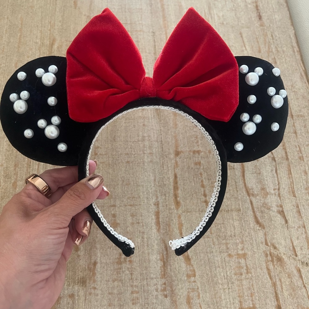 Red Bow Black Ears Headband with Pearls